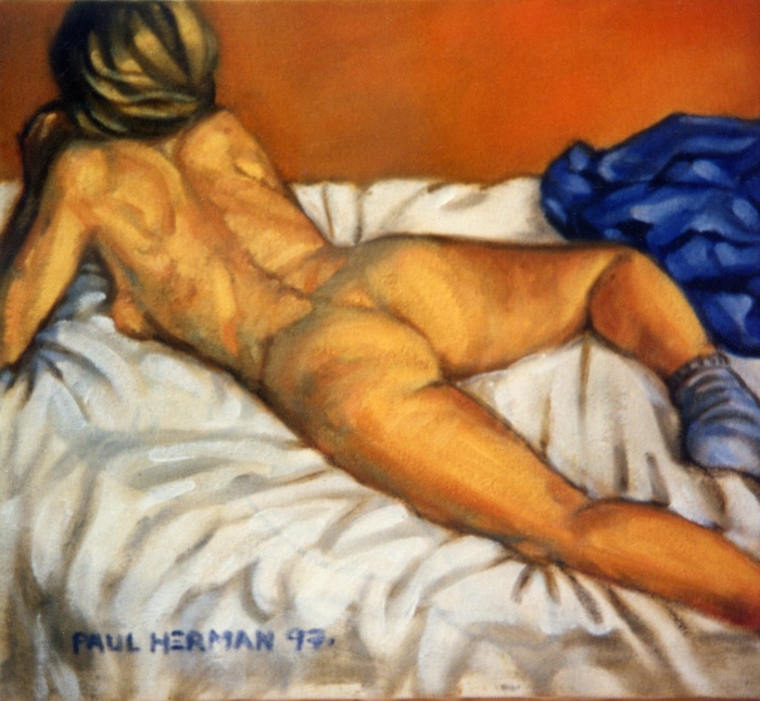Nude, oil on canvas. Isabel watching television. 